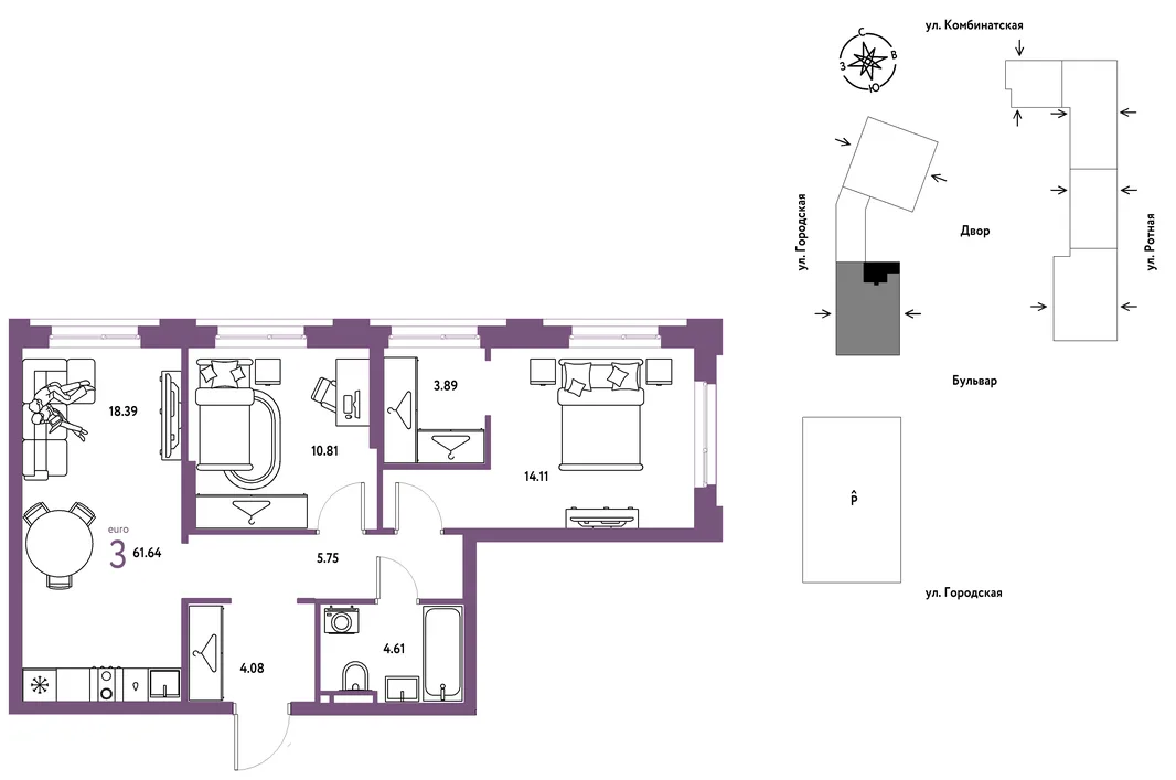 Планировка 3-комн. квартира, 61.64 м² ЖК «Уральский сад»