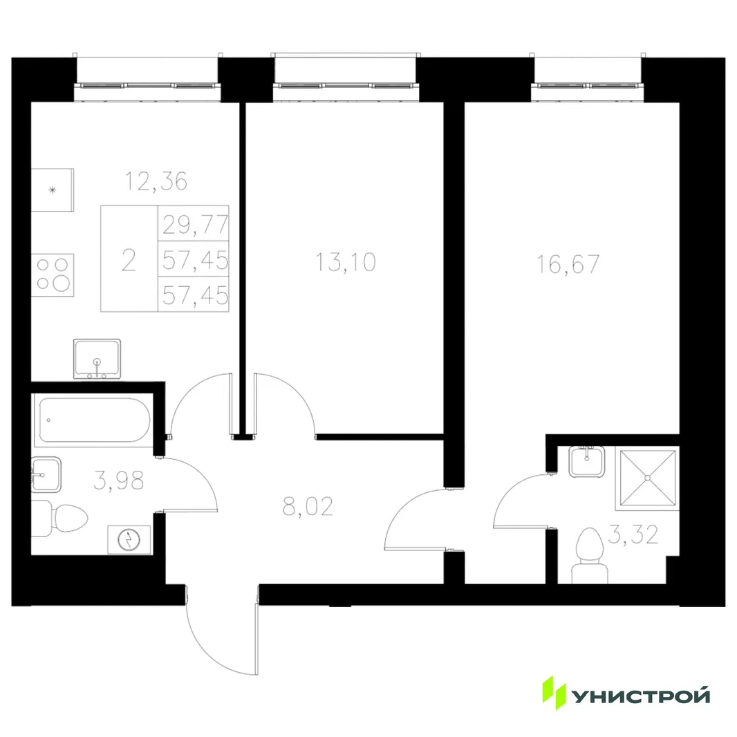 Планировка 2-комн. квартира, 57.45 м² ЖК «Statum»
