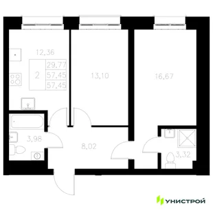 Планировка 2-комн. квартира, 57.45 м² ЖК «Statum»