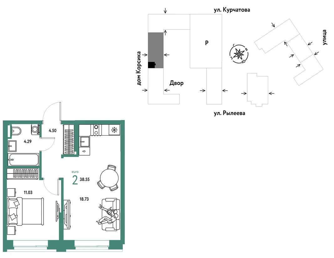Планировка 2-комн. квартира, 38.55 м² ЖК «Остров-сад»