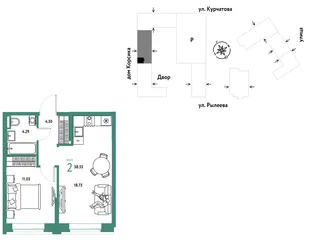 Планировка 2-комн. квартира, 38.55 м² ЖК «Остров-сад»