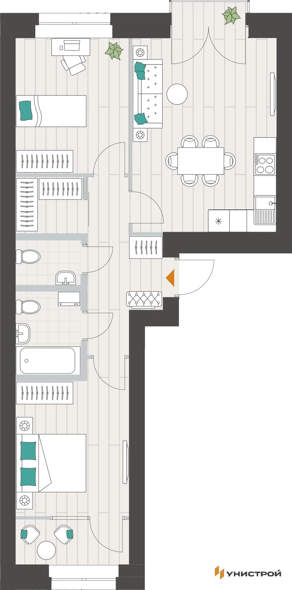 Планировка 2-комн. квартира, 61.13 м² ЖК «Аквамарин»