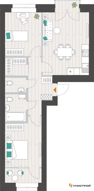 Планировка 2-комн. квартира, 61.13 м² ЖК «Аквамарин»