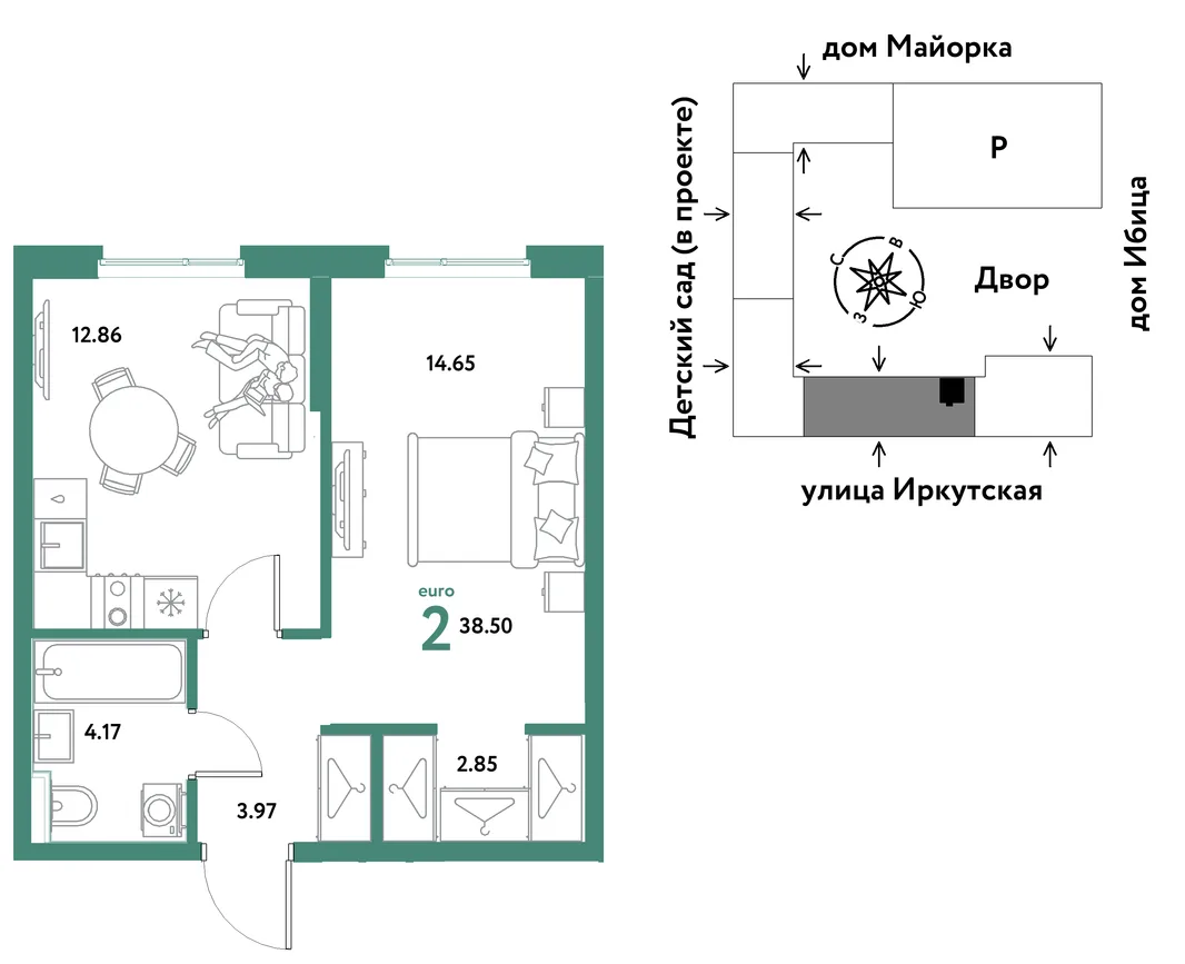 Планировка 2-комн. квартира, 38.5 м² ЖК «Остров-сад»