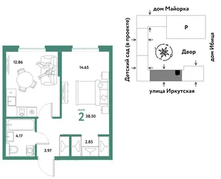 Планировка 2-комн. квартира, 38.5 м² ЖК «Остров-сад»