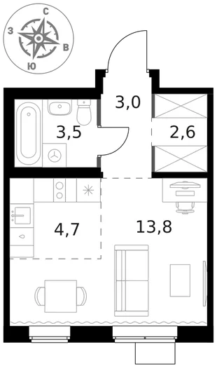 Квартира Студия, 27.6 м² ЖК «1-й Ясеневский» Фото 1
