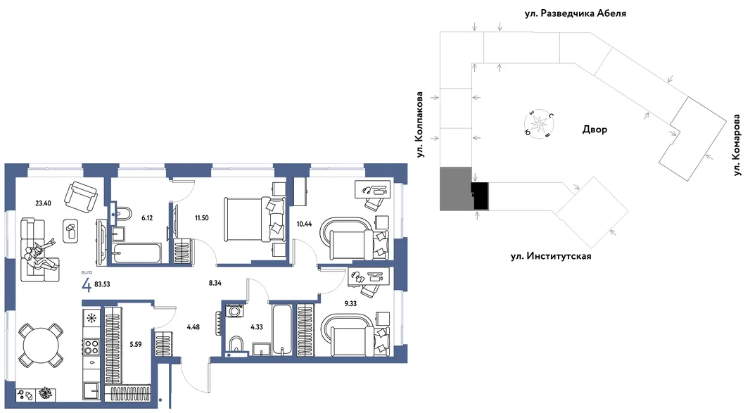 Планировка 4-комн. квартира, 83.53 м² ЖК «Страна.Парковая»