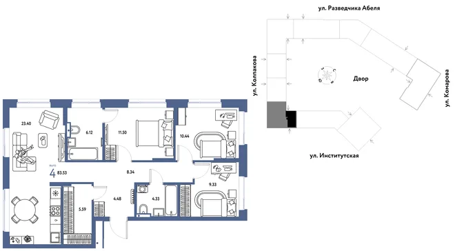 Планировка 4-комн. квартира, 83.53 м² ЖК «Страна.Парковая» Планировка 4-комн. квартира, 83.53 м² ЖК «Страна.Парковая»