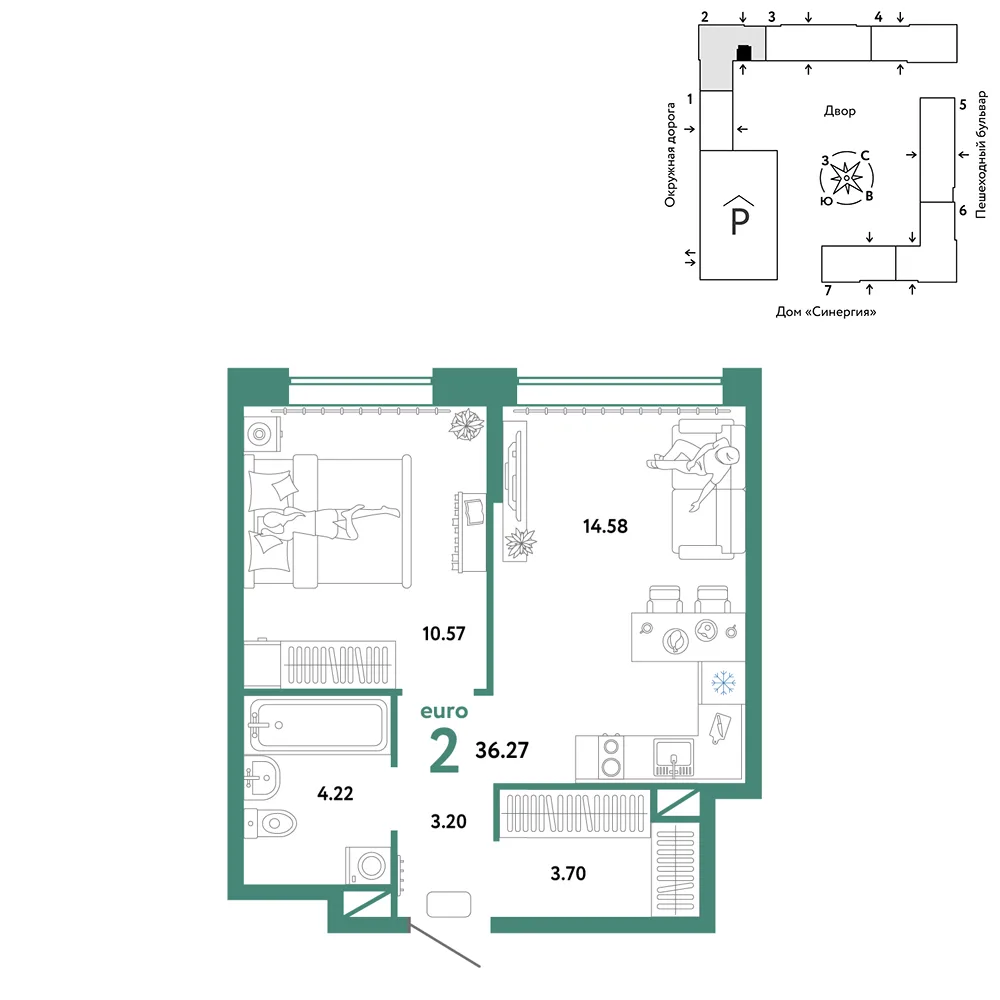 Планировка 2-комн. квартира, 36.27 м² ЖК «Юнион»