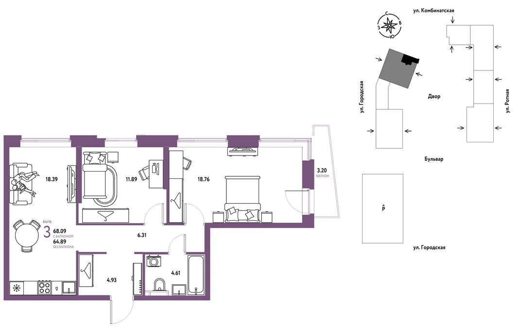 Планировка 3-комн. квартира, 68.09 м² ЖК «Уральский сад»