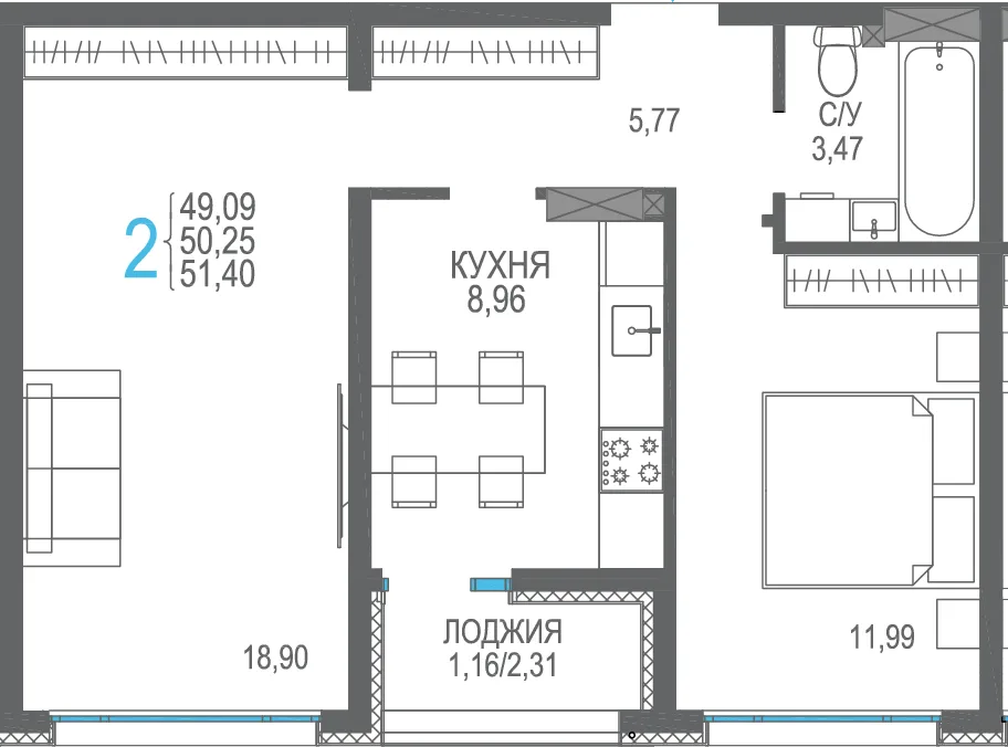 Планировка 2-комн. квартира, 51.4 м² ЖК «Розовое озеро»
