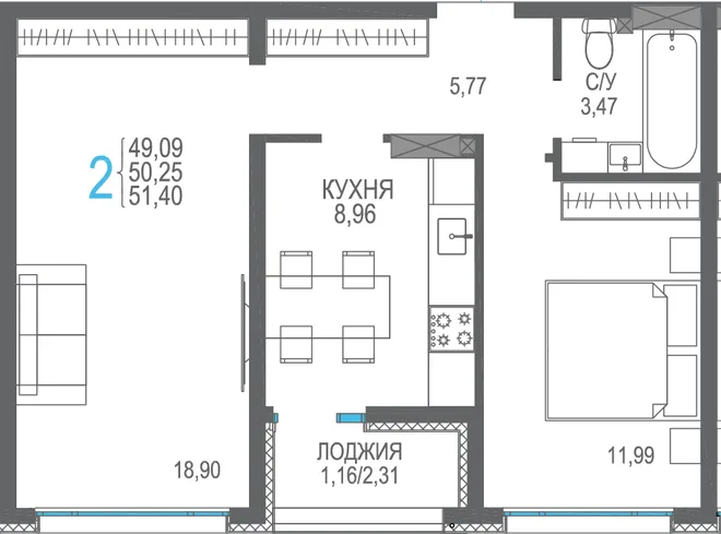 Планировка 2-комн. квартира, 51.4 м² ЖК «Розовое озеро»