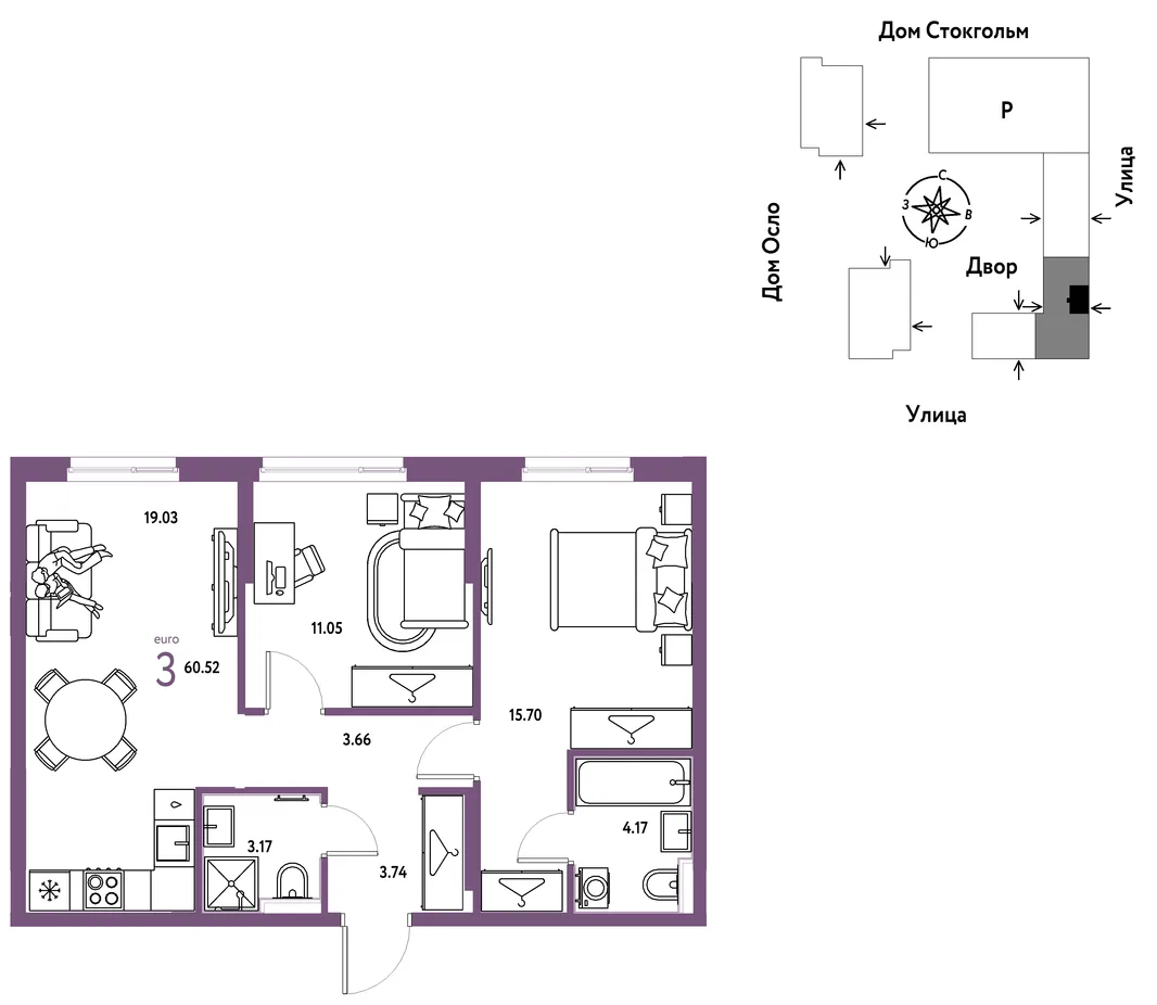 Планировка 3-комн. квартира, 60.52 м² ЖК «Европейский берег 2.0»