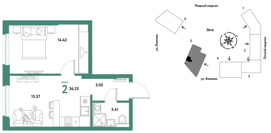Планировка 2-комн. квартира, 36.25 м² ЖК «Сибирский сад»