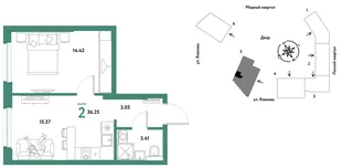 Планировка 2-комн. квартира, 36.25 м² ЖК «Сибирский сад»