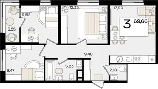 Планировка 3-комн. квартира, 69.66 м² ЖК «Патрики»