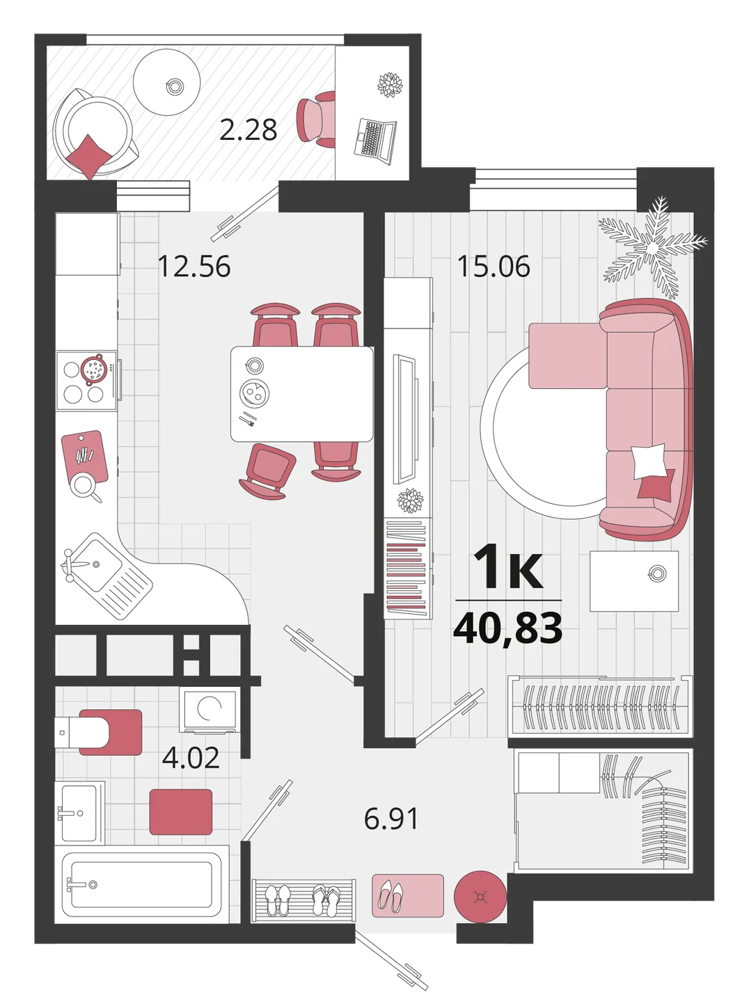 Планировка 1-комн. квартира, 41.25 м² ЖК «Родные просторы»