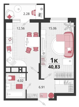Планировка 1-комн. квартира, 41.25 м² ЖК «Родные просторы»
