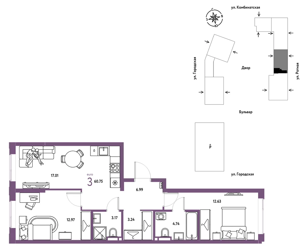 Планировка 3-комн. квартира, 60.75 м² ЖК «Уральский сад»