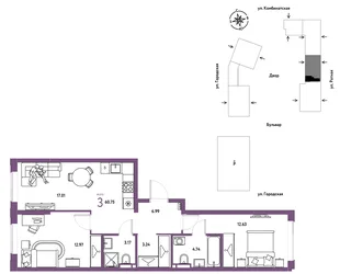 Планировка 3-комн. квартира, 60.75 м² ЖК «Уральский сад»