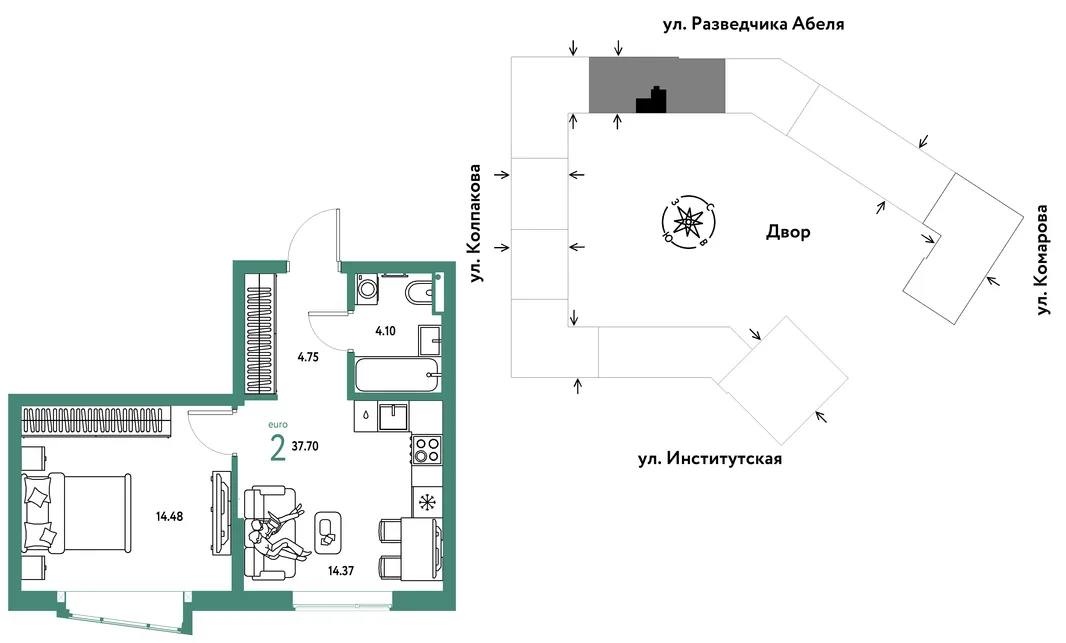 Планировка 2-комн. квартира, 37.7 м² ЖК «Страна.Парковая»