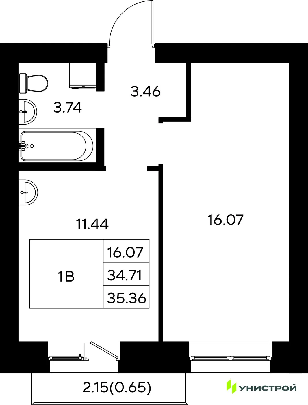 Планировка 1-комн. квартира, 35.36 м² ЖК «Царёво City»