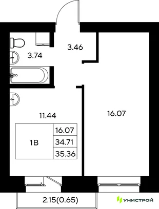 Планировка 1-комн. квартира, 35.36 м² ЖК «Царёво City»