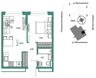 Планировка 2-комн. квартира, 37.17 м² ЖК «Страна Прибрежная»