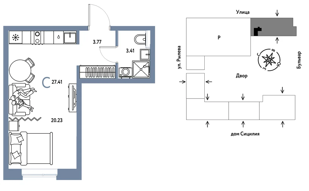 Планировка Студия, 27.41 м² ЖК «Остров-сад»
