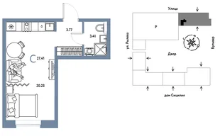 Планировка Студия, 27.41 м² ЖК «Остров-сад»