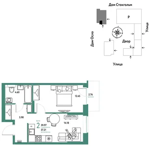 Планировка 2-комн. квартира, 39.98 м² ЖК «Европейский берег 2.0»
