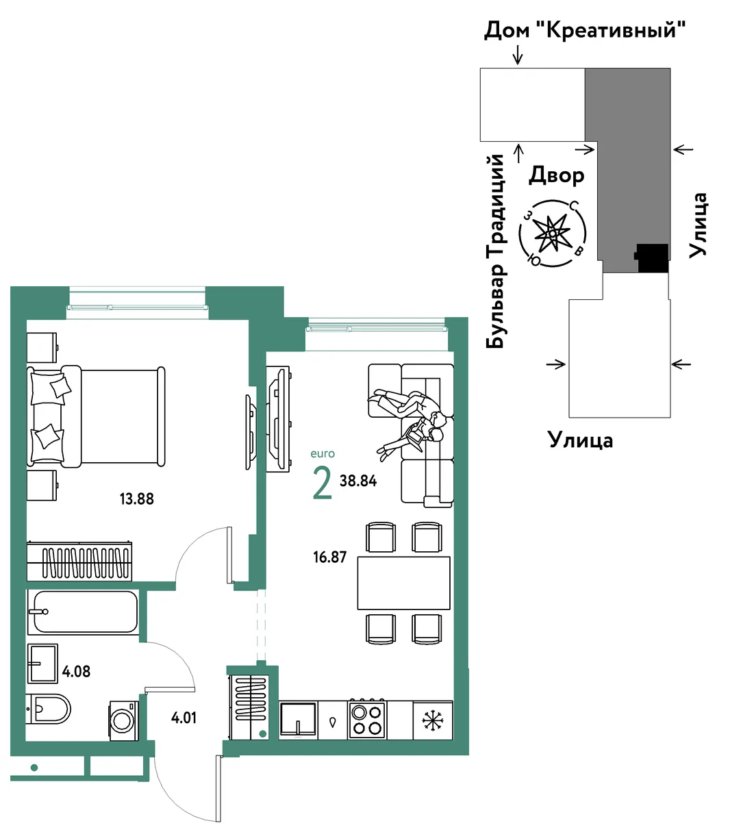 Планировка 2-комн. квартира, 38.84 м² ЖК «Микрорайон Домашний»