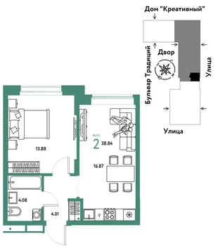 Планировка 2-комн. квартира, 38.84 м² ЖК «Микрорайон Домашний»