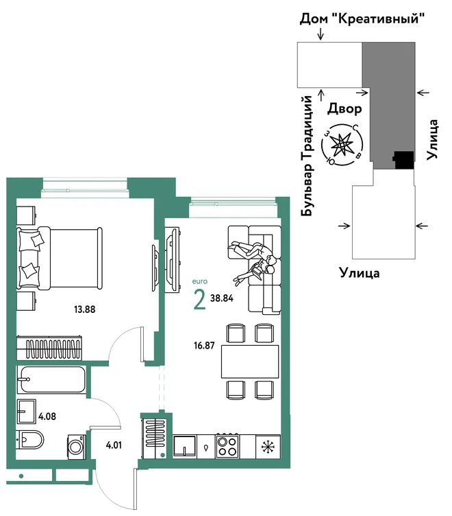 Планировка 2-комн. квартира, 38.84 м² ЖК «Микрорайон Домашний» Планировка 2-комн. квартира, 38.84 м² ЖК «Микрорайон Домашний»