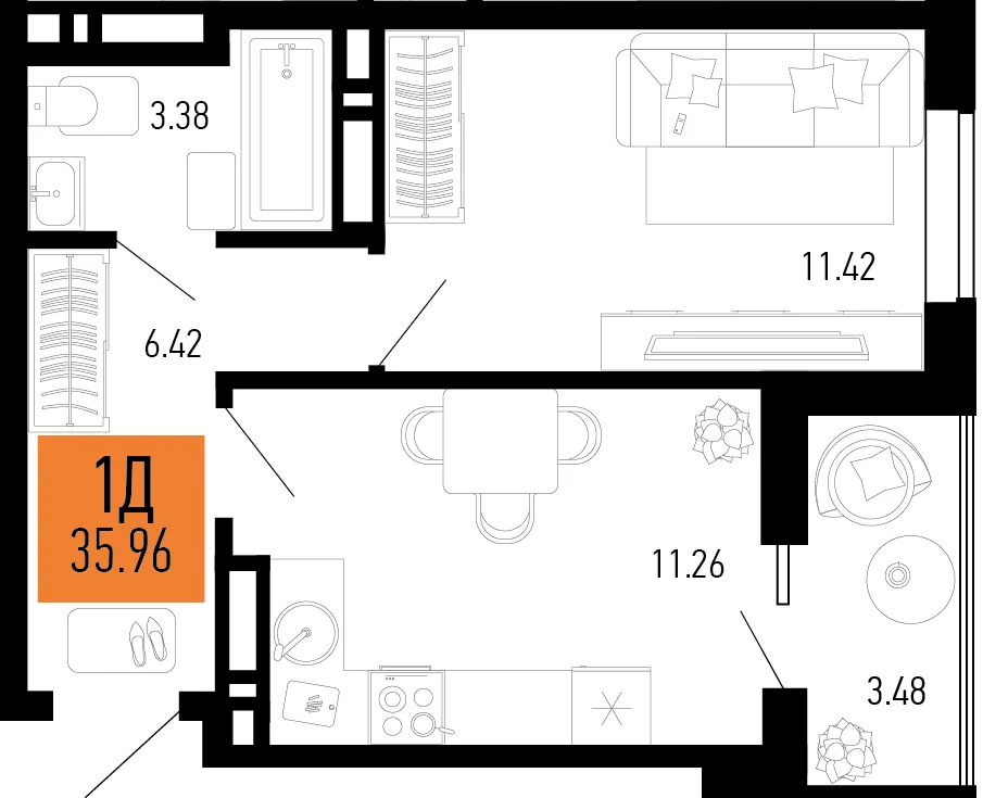 Планировка 1-комн. квартира, 35.96 м² ЖК «Столицыно»