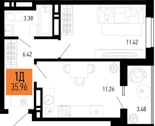 Планировка 1-комн. квартира, 35.96 м² ЖК «Столицыно»