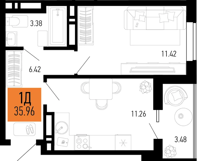 Планировка 1-комн. квартира, 35.96 м² ЖК «Столицыно» Планировка 1-комн. квартира, 35.96 м² ЖК «Столицыно»