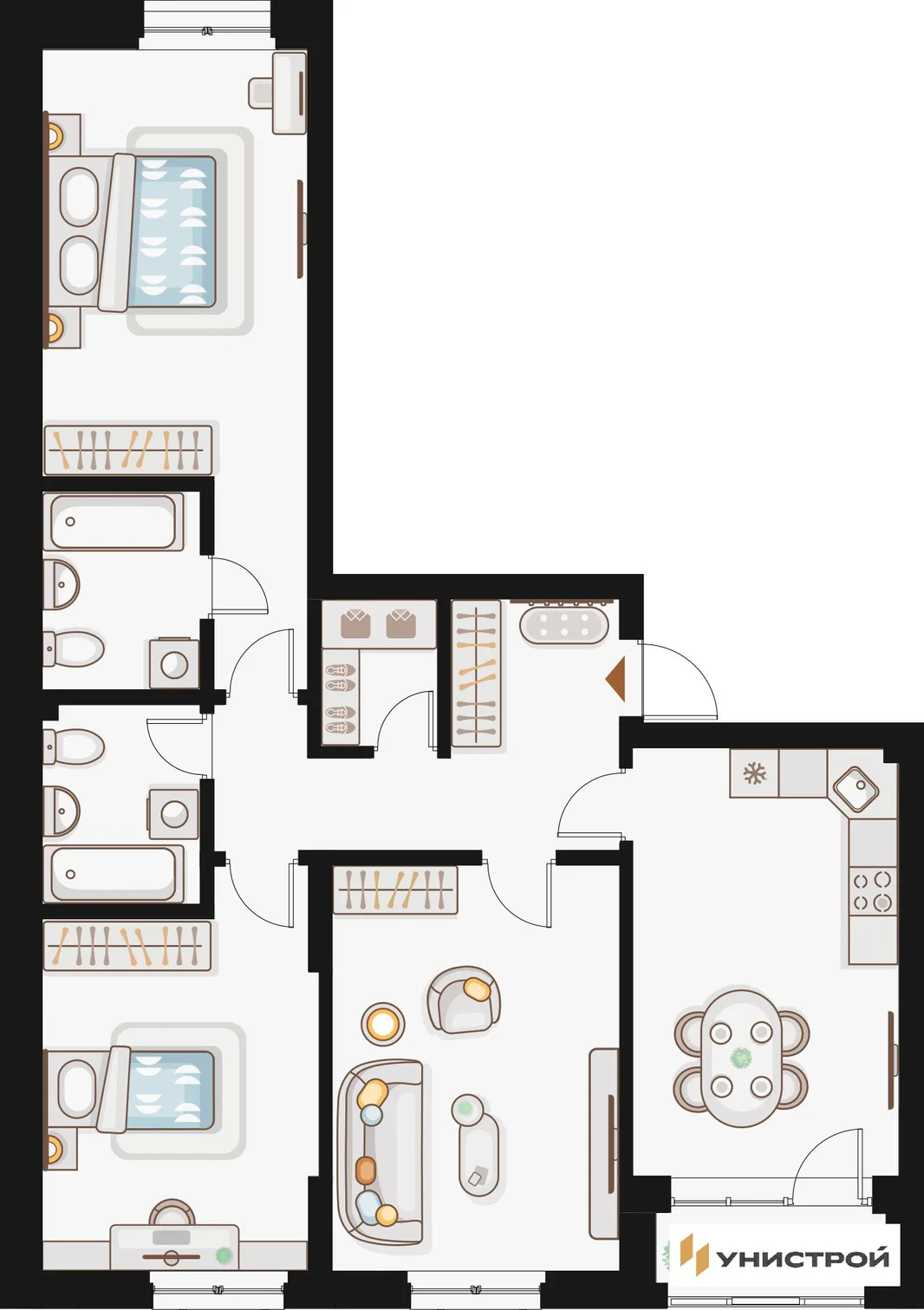 Планировка 3-комн. квартира, 93.22 м² ЖК «Жилой кластер Q на Кулагина»