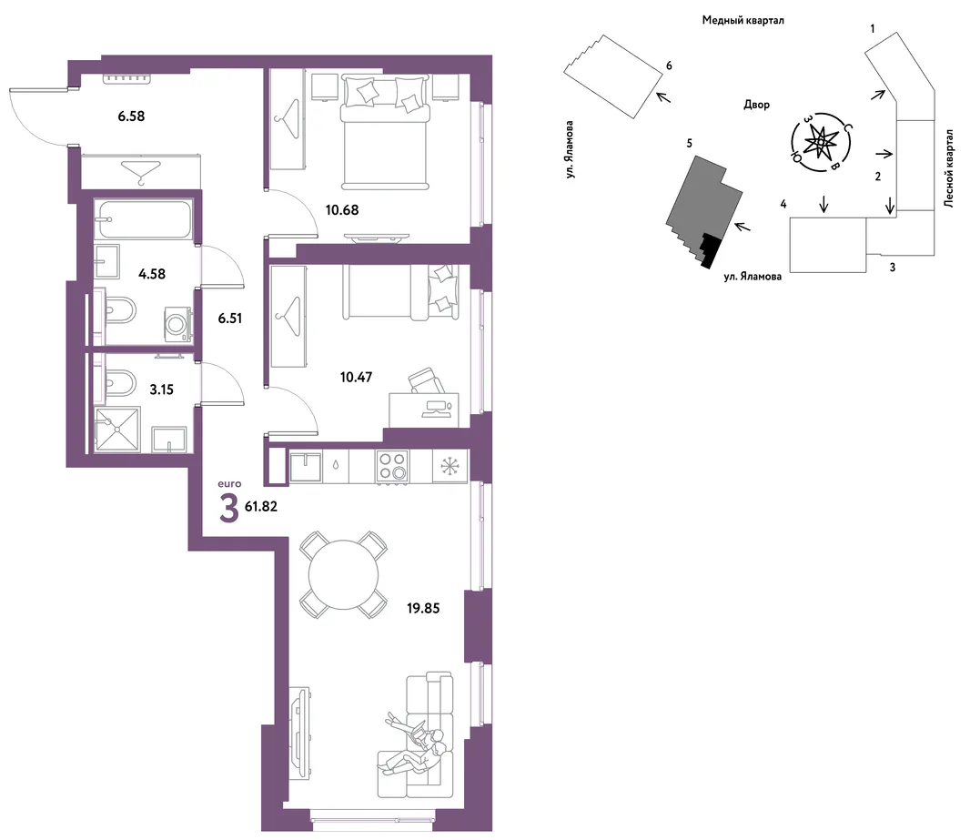 Планировка 3-комн. квартира, 61.82 м² ЖК «Сибирский сад»