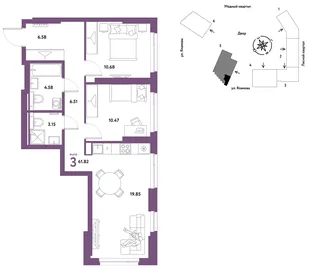 Планировка 3-комн. квартира, 61.82 м² ЖК «Сибирский сад»