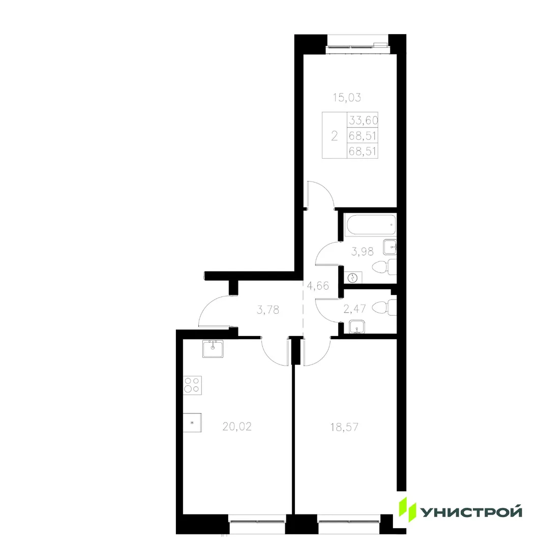 Планировка 2-комн. квартира, 68.51 м² ЖК «Statum»