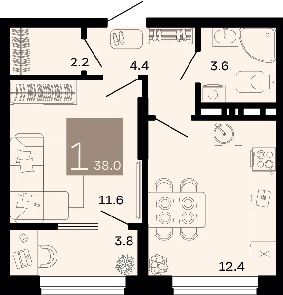Планировка 1-комн. квартира, 38 м² ЖК «Хозяин морей»