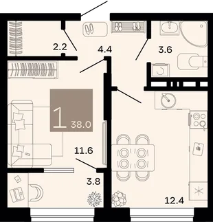 Планировка 1-комн. квартира, 38 м² ЖК «Хозяин морей»