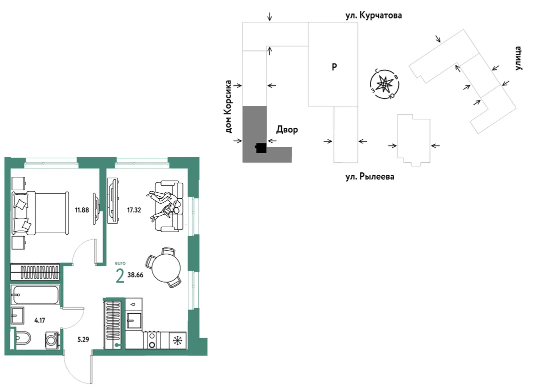 Планировка 2-комн. квартира, 38.66 м² ЖК «Остров-сад»
