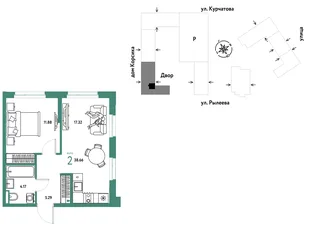Планировка 2-комн. квартира, 38.66 м² ЖК «Остров-сад»