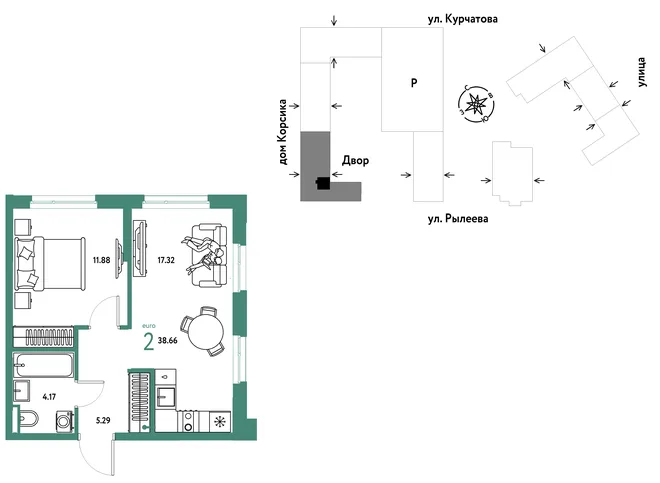 Планировка 2-комн. квартира, 38.66 м² ЖК «Остров-сад» Планировка 2-комн. квартира, 38.66 м² ЖК «Остров-сад»