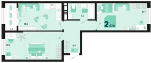 Планировка 2-комн. квартира, 67.8 м² ЖК «Первое место»