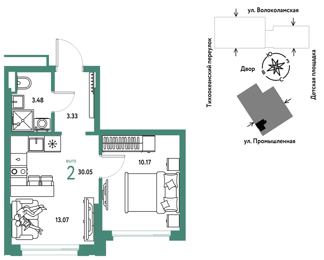 Планировка 2-комн. квартира, 30.05 м² ЖК «Страна Прибрежная»