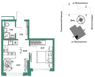 Планировка 2-комн. квартира, 30.05 м² ЖК «Страна Прибрежная»