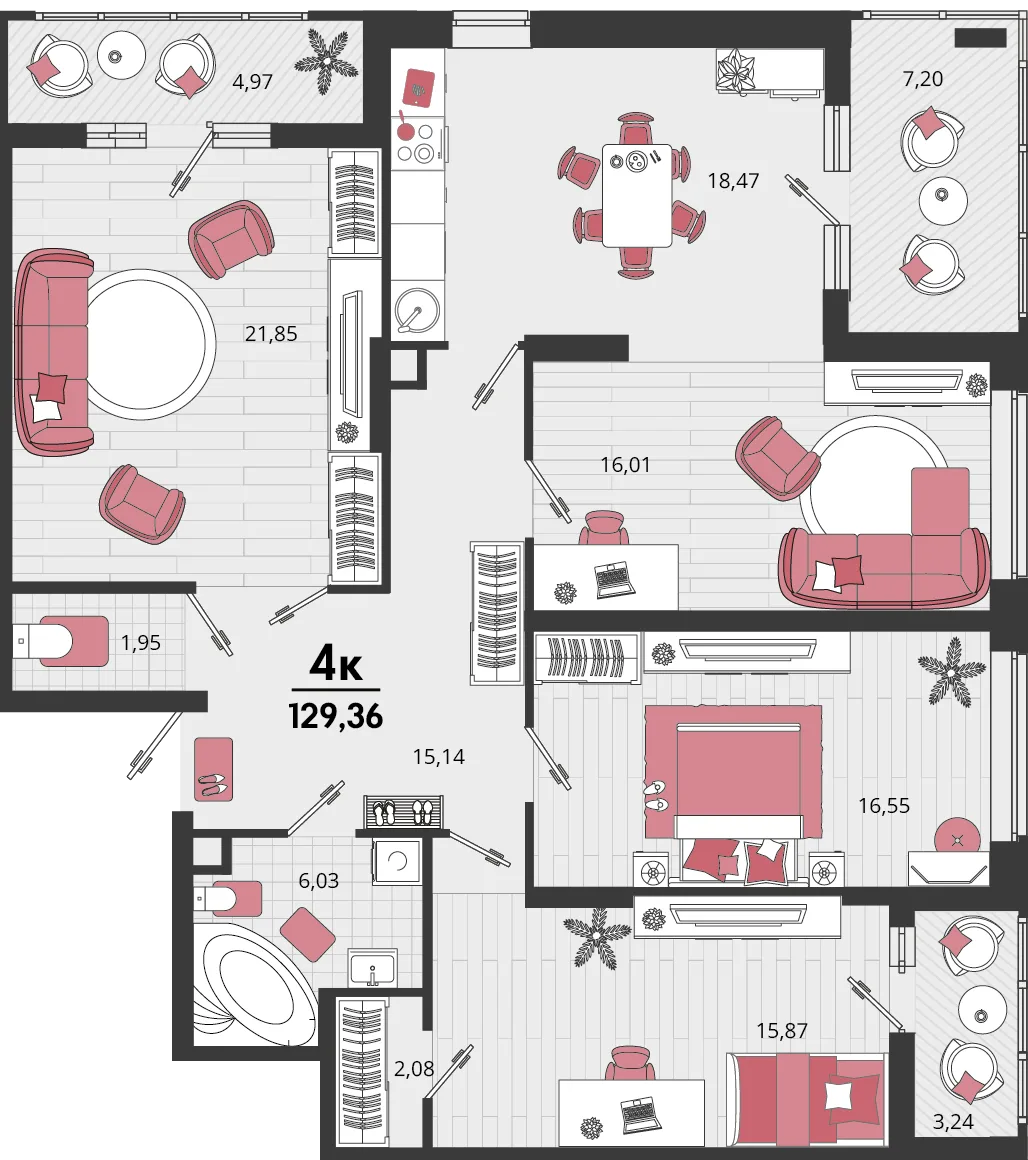 Планировка 4-комн. квартира, 129.37 м² ЖК «Родные просторы»
